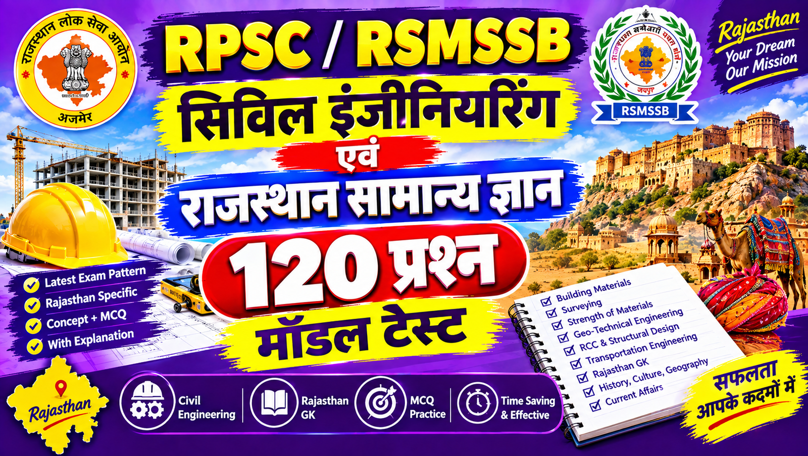 RPSC / RSMSSB सिविल इंजीनियरिंग एवं राजस्थान सामान्य ज्ञान - 120 प्रश्न मॉडल टेस्ट (Exam #460)
