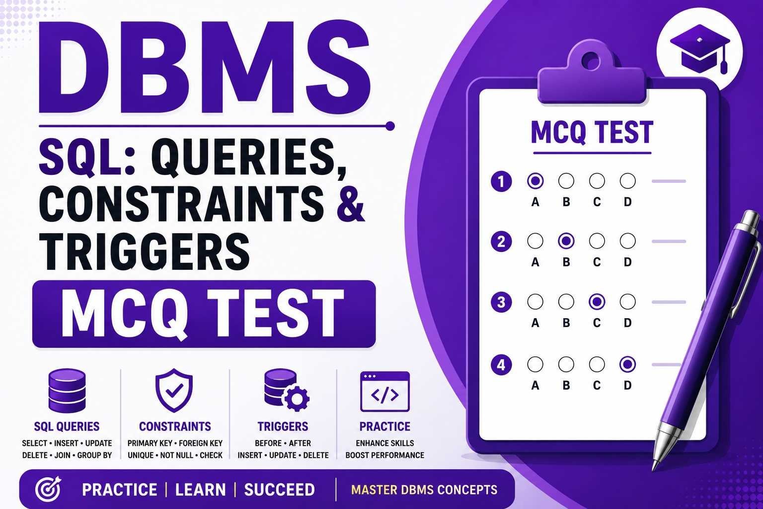 DBMS SQL: Queries, Constraints & Triggers MCQ Test – 100 Questions